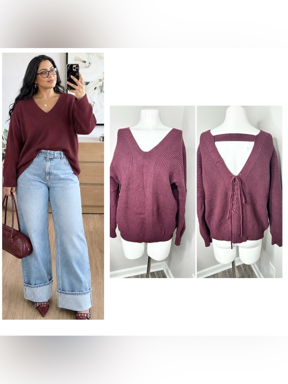 Love Marks Tie-Back V-Neck Pullover Sweater - burgundy-large